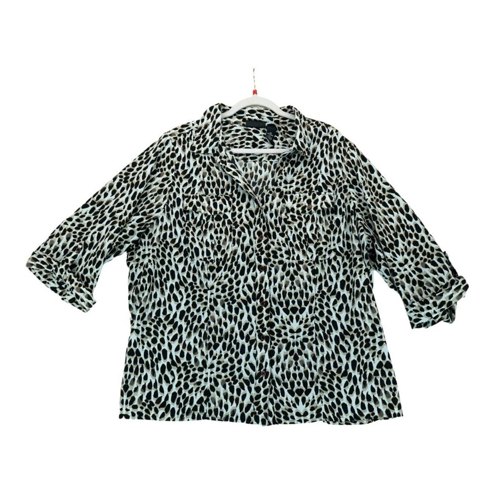 Maggie Barnes Women's Brown White Black Blouse Leopard Print SZ 2X Button Front